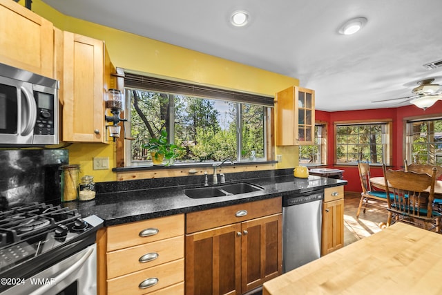 kitchen with appliances with stainless steel finishes, glass insert cabinets, a sink, wood counters, and ceiling fan