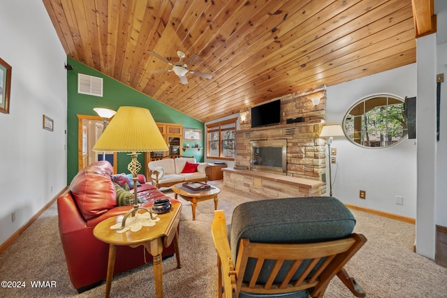 living room with a stone fireplace, light colored carpet, wood ceiling, visible vents, and vaulted ceiling