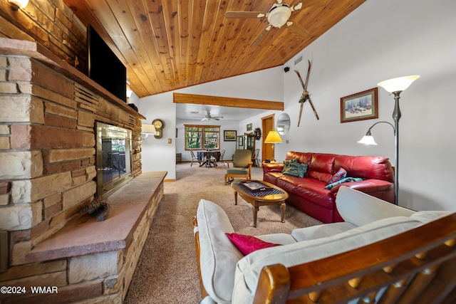 living room with high vaulted ceiling, a stone fireplace, wood ceiling, a ceiling fan, and carpet