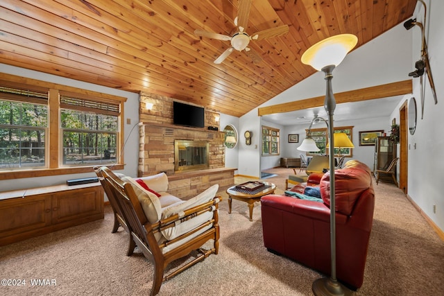 living room with ceiling fan, lofted ceiling, a large fireplace, light carpet, and wood ceiling