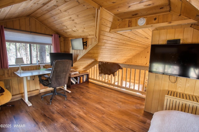 1862 Douglas Fir Dr, Pinetop, AZ 85935 - office space with vaulted ceiling, wood walls, wood ceiling, radiator, and wood finished floors