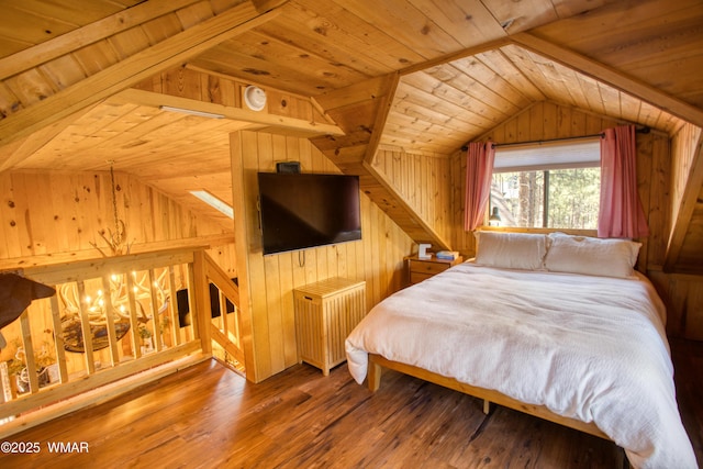 1862 Douglas Fir Dr, Pinetop, AZ 85935 - bedroom featuring wood ceiling, radiator heating unit, lofted ceiling, wood walls, and wood finished floors