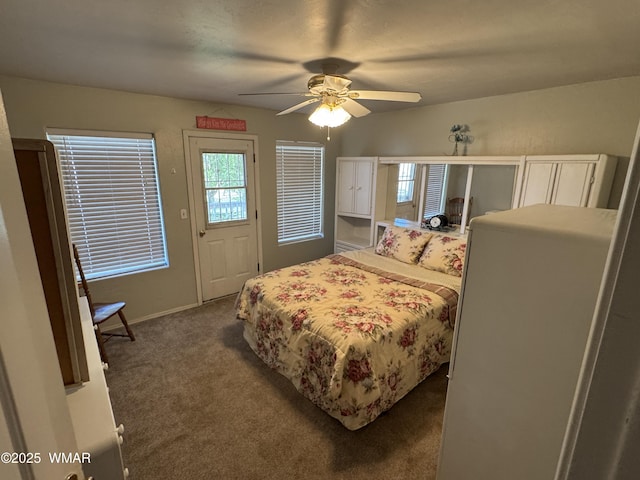 7525 E E Sherwood Rd, Snowflake, AZ 85937 - bedroom with dark colored carpet, multiple windows, and a ceiling fan
