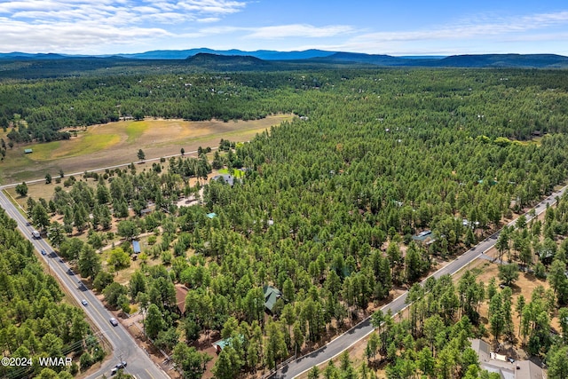 aerial view featuring a mountain view and a view of trees