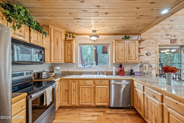 kitchen featuring appliances with stainless steel finishes, wood ceiling, a sink, and open shelves