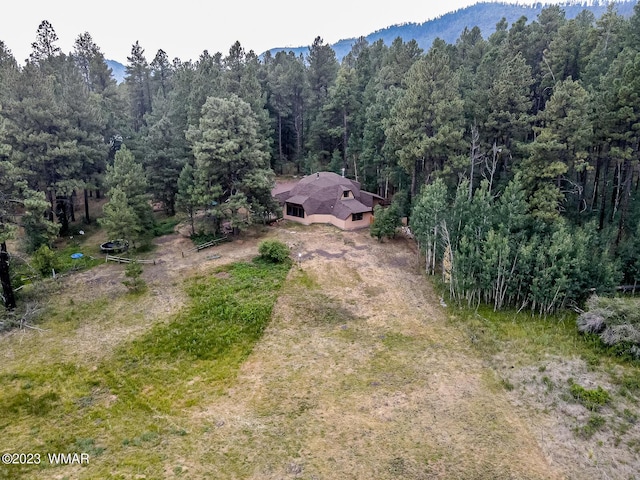 bird's eye view with a wooded view and a mountain view