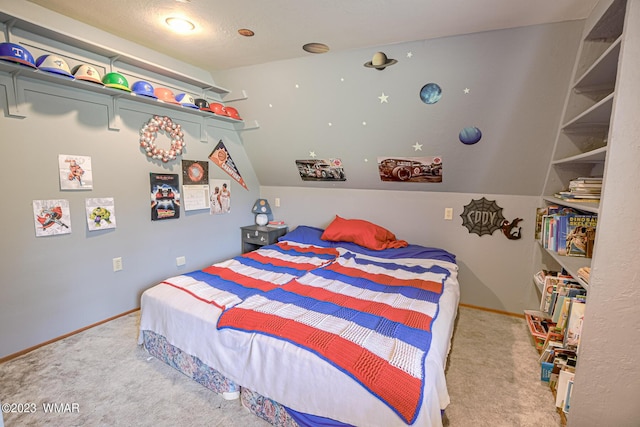 bedroom featuring baseboards, vaulted ceiling, and light colored carpet
