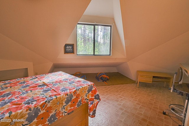 bedroom featuring lofted ceiling