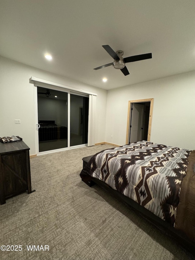 carpeted bedroom featuring a ceiling fan, recessed lighting, and baseboards