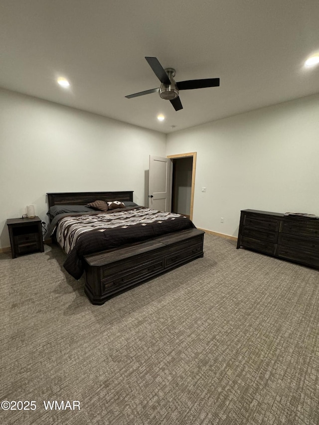 bedroom featuring baseboards, carpet flooring, a ceiling fan, and recessed lighting