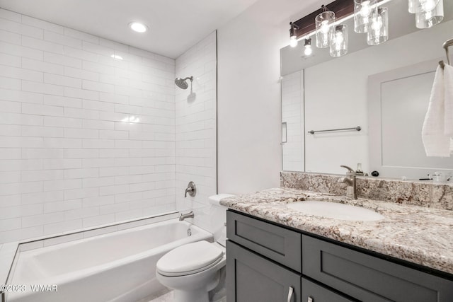 full bath with toilet, shower / tub combination, vanity, and recessed lighting