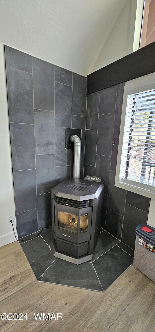 interior details with a wood stove