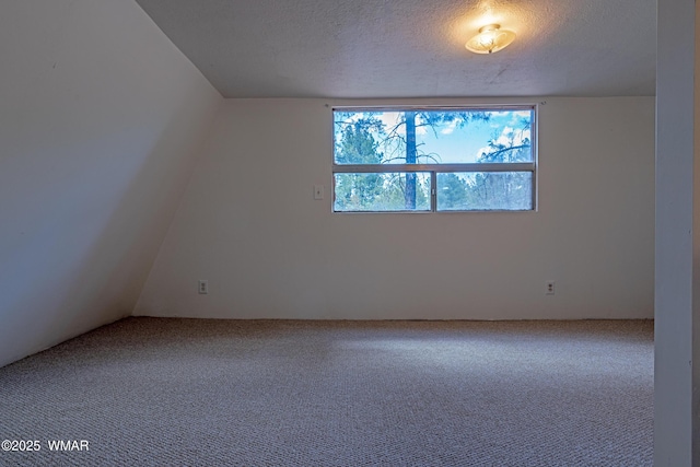unfurnished room featuring carpet, a textured ceiling, and vaulted ceiling