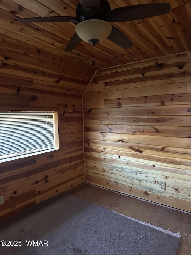 5528 Deer Run, Pinedale, AZ 85934 - empty room featuring lofted ceiling, wooden ceiling, ceiling fan, and wooden walls