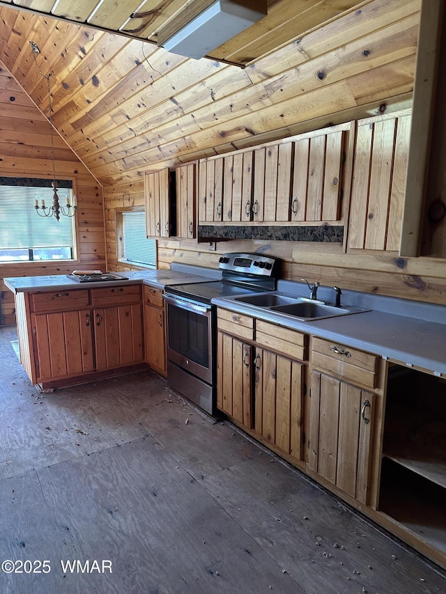 5528 Deer Run, Pinedale, AZ 85934 - kitchen featuring electric stove, vaulted ceiling, wooden walls, a peninsula, and wooden ceiling