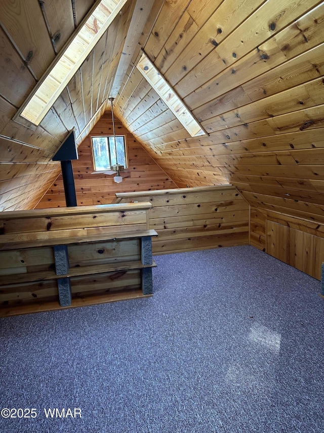 5528 Deer Run, Pinedale, AZ 85934 - additional living space with wooden walls, lofted ceiling, wood ceiling, and carpet floors
