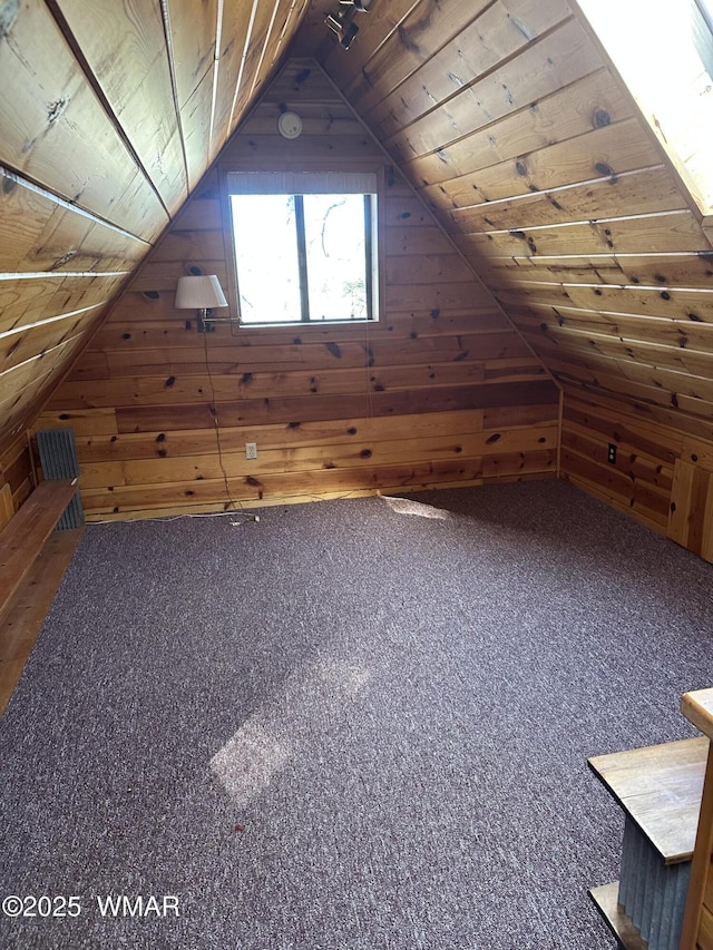5528 Deer Run, Pinedale, AZ 85934 - additional living space with wood walls, vaulted ceiling, wooden ceiling, and carpet