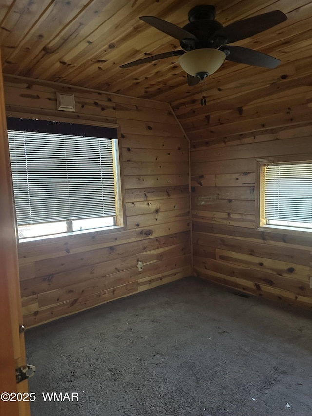 5528 Deer Run, Pinedale, AZ 85934 - unfurnished room featuring wood walls, wood ceiling, carpet, lofted ceiling, and ceiling fan