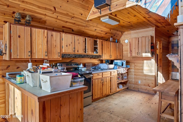 5528 Deer Run, Pinedale, AZ 85934 - kitchen featuring stainless steel appliances, open shelves, wood walls, lofted ceiling, and wooden ceiling