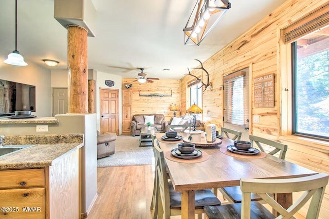 dining space featuring a wealth of natural light, wood walls, light wood-style flooring, and a ceiling fan