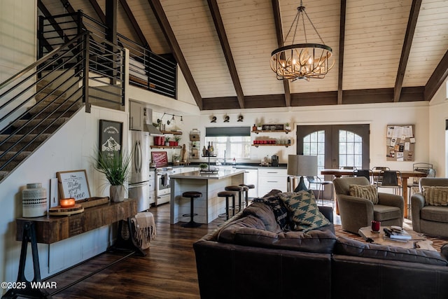 4273 Branding Iron Loop, Pinetop, AZ 85935 - living area featuring dark wood-style flooring, a chandelier, beamed ceiling, high vaulted ceiling, and wooden ceiling