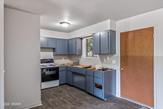 kitchen featuring dark wood-style floors and white electric stove