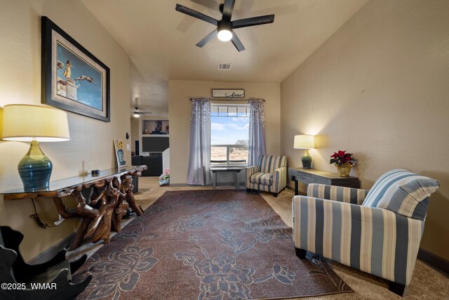 bedroom with ceiling fan, recessed lighting, light colored carpet, visible vents, and baseboards