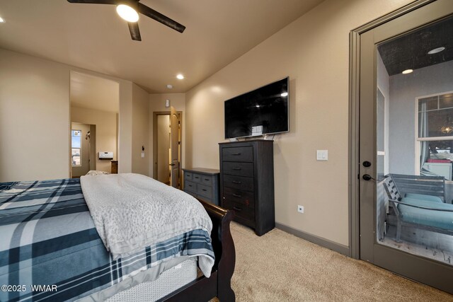 bedroom with baseboards, ceiling fan, recessed lighting, and light colored carpet