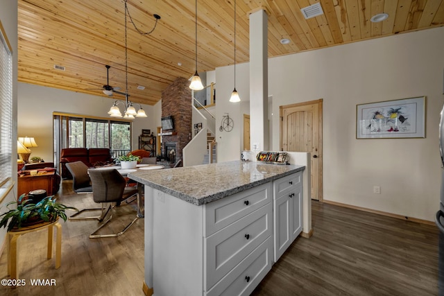 451 S Spirea Ln, Show Low, AZ 85901 - kitchen featuring wood ceiling, high vaulted ceiling, white cabinetry, open floor plan, and a chandelier