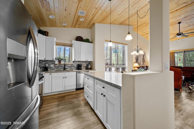 451 S Spirea Ln, Show Low, AZ 85901 - kitchen featuring stainless steel appliances, wood ceiling, plenty of natural light, a sink, and tasteful backsplash
