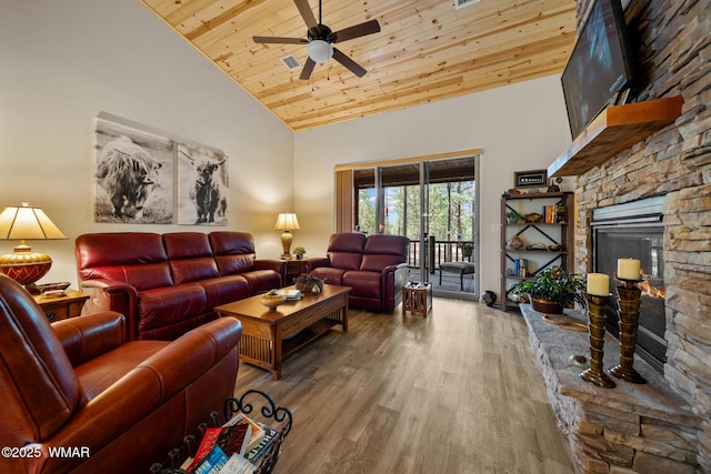 451 S Spirea Ln, Show Low, AZ 85901 - living area featuring a fireplace, ceiling fan, wood ceiling, high vaulted ceiling, and wood finished floors
