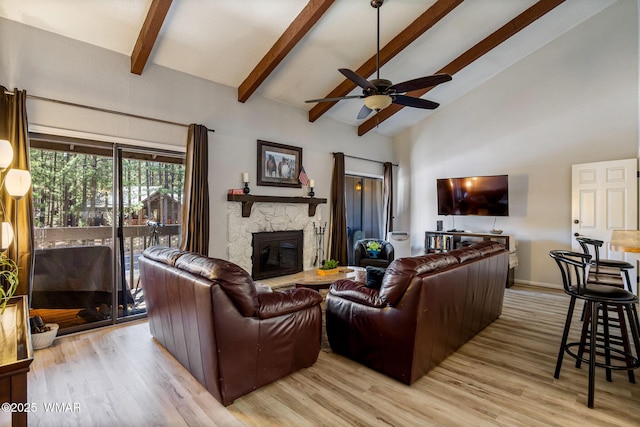 2670 Snow Slope Way, Pinetop, AZ 85935 - living room with a ceiling fan, a fireplace, light wood-style floors, beamed ceiling, and baseboards