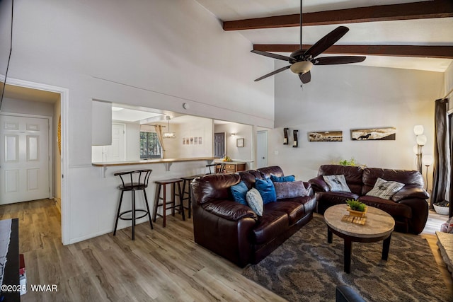 2670 Snow Slope Way, Pinetop, AZ 85935 - living room featuring ceiling fan, high vaulted ceiling, wood finished floors, and beam ceiling