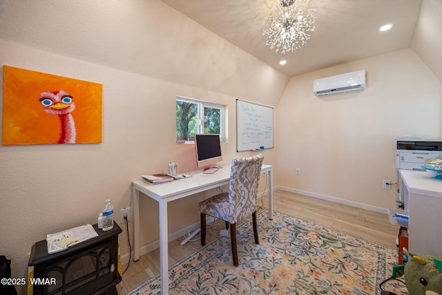 6853 Rim Rock Rd, Show Low, AZ 85901 - home office with a wall mounted air conditioner, light wood finished floors, lofted ceiling, a chandelier, and recessed lighting