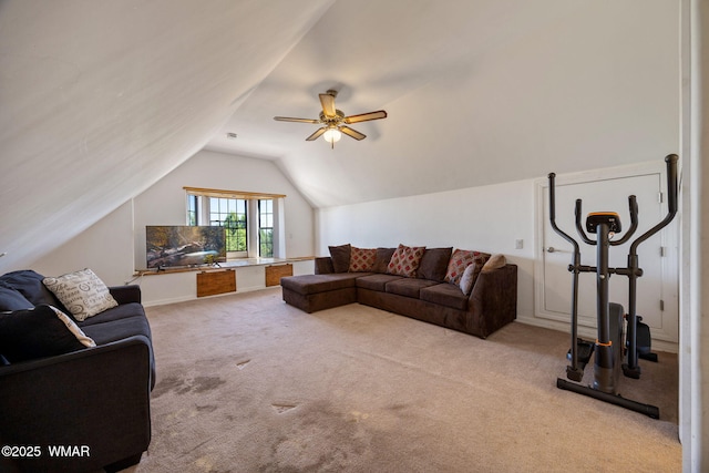6853 Rim Rock Rd, Show Low, AZ 85901 - living room with vaulted ceiling, carpet floors, and a ceiling fan