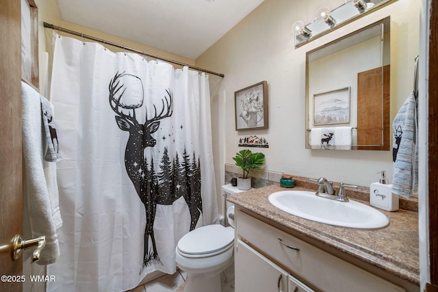 bathroom featuring curtained shower, vanity, and toilet