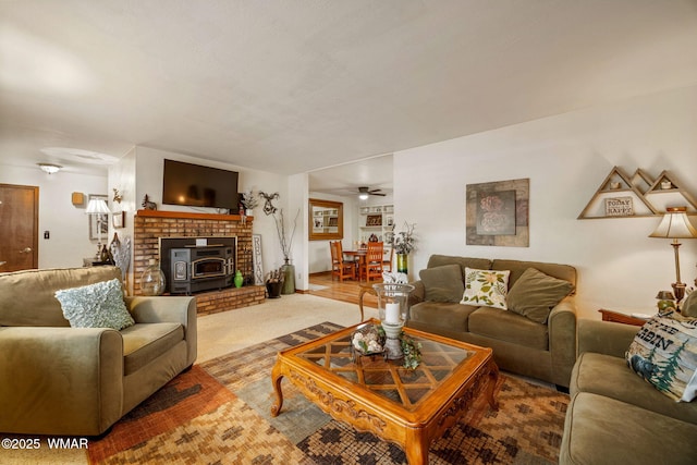 living room with a wood stove