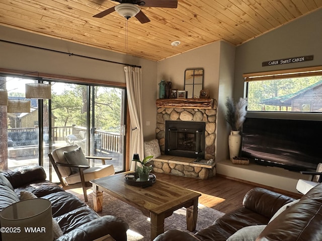 1401 S Spruce Ln, Show Low, AZ 85901 - living room with lofted ceiling, wood ceiling, a fireplace, a ceiling fan, and wood finished floors