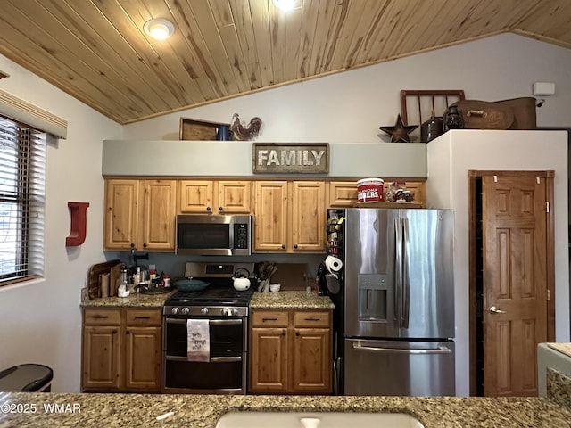 1401 S Spruce Ln, Show Low, AZ 85901 - kitchen with stainless steel appliances, lofted ceiling, light stone counters, and wood ceiling