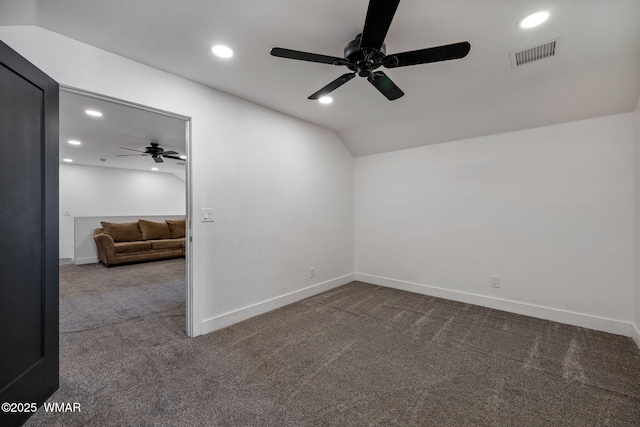 1738 W 7th St, Snowflake, AZ 85937 - spare room featuring a ceiling fan, dark carpet, recessed lighting, baseboards, and vaulted ceiling