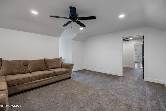 1738 W 7th St, Snowflake, AZ 85937 - carpeted living room with lofted ceiling, a ceiling fan, recessed lighting, and baseboards
