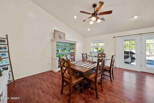 dining room featuring baseboards, ceiling fan, dark wood-style flooring, vaulted ceiling, and recessed lighting