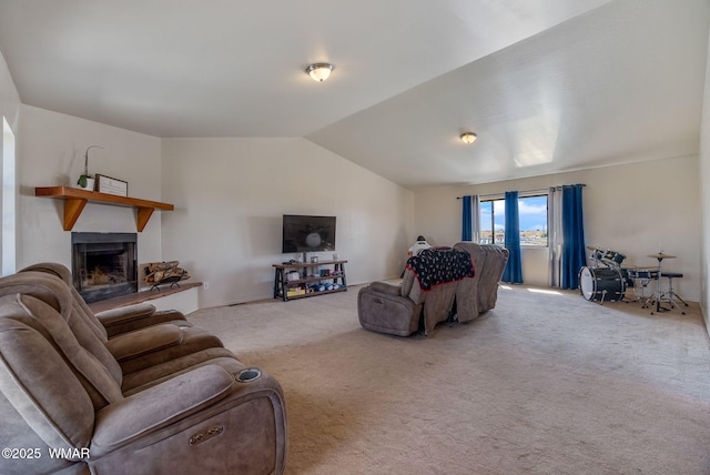 529 Foothills Blvd, Snowflake, AZ 85939 - carpeted living room with lofted ceiling and a fireplace with raised hearth