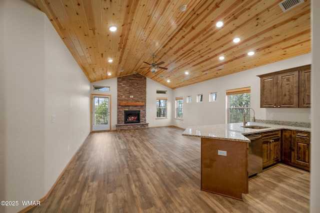 kitchen with visible vents, wooden ceiling, a peninsula, a sink, and stainless steel dishwasher