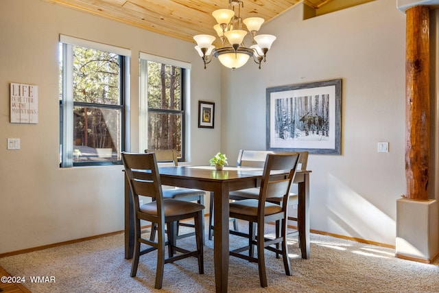 2740 W Maple Ln, Show Low, AZ 85901 - carpeted dining room with baseboards, a notable chandelier, and wood ceiling