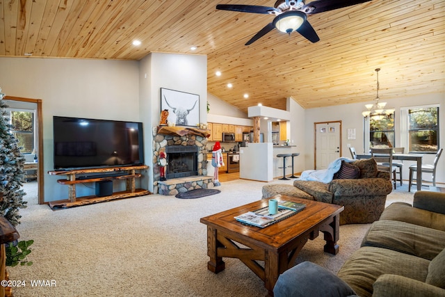 2740 W Maple Ln, Show Low, AZ 85901 - living room with light carpet, a stone fireplace, recessed lighting, wood ceiling, and ceiling fan with notable chandelier