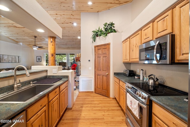 2740 W Maple Ln, Show Low, AZ 85901 - kitchen featuring visible vents, light wood-style floors, wooden ceiling, a sink, and stainless steel appliances