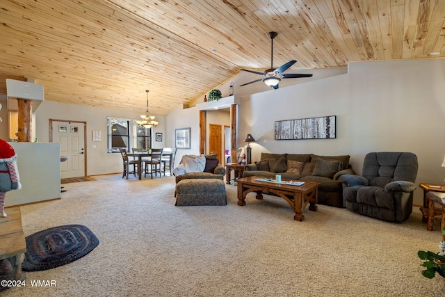2740 W Maple Ln, Show Low, AZ 85901 - carpeted living room featuring ceiling fan with notable chandelier, high vaulted ceiling, and wooden ceiling