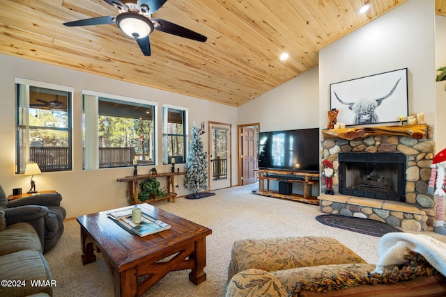2740 W Maple Ln, Show Low, AZ 85901 - carpeted living room with a stone fireplace, recessed lighting, wooden ceiling, a ceiling fan, and vaulted ceiling