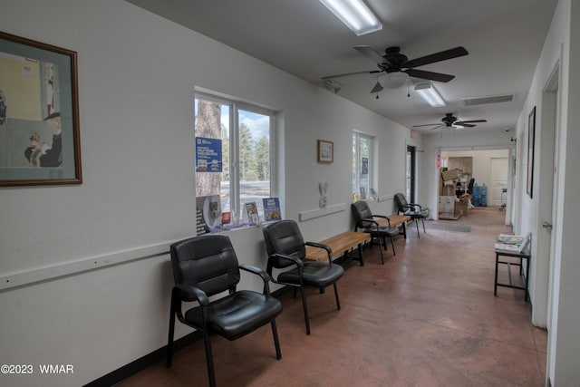 living area featuring visible vents and concrete flooring